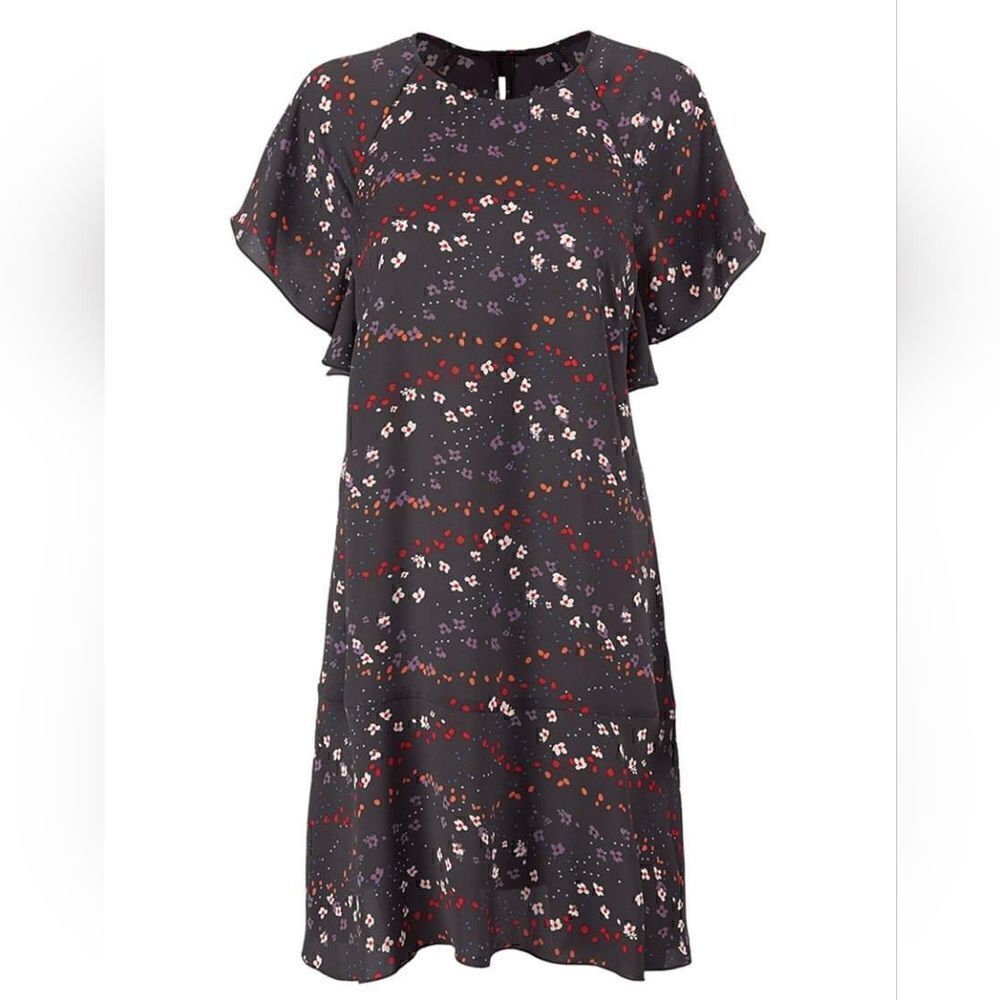 Cabi Muse Micro Floral Ruffle Dress Womens Small Gray 3828